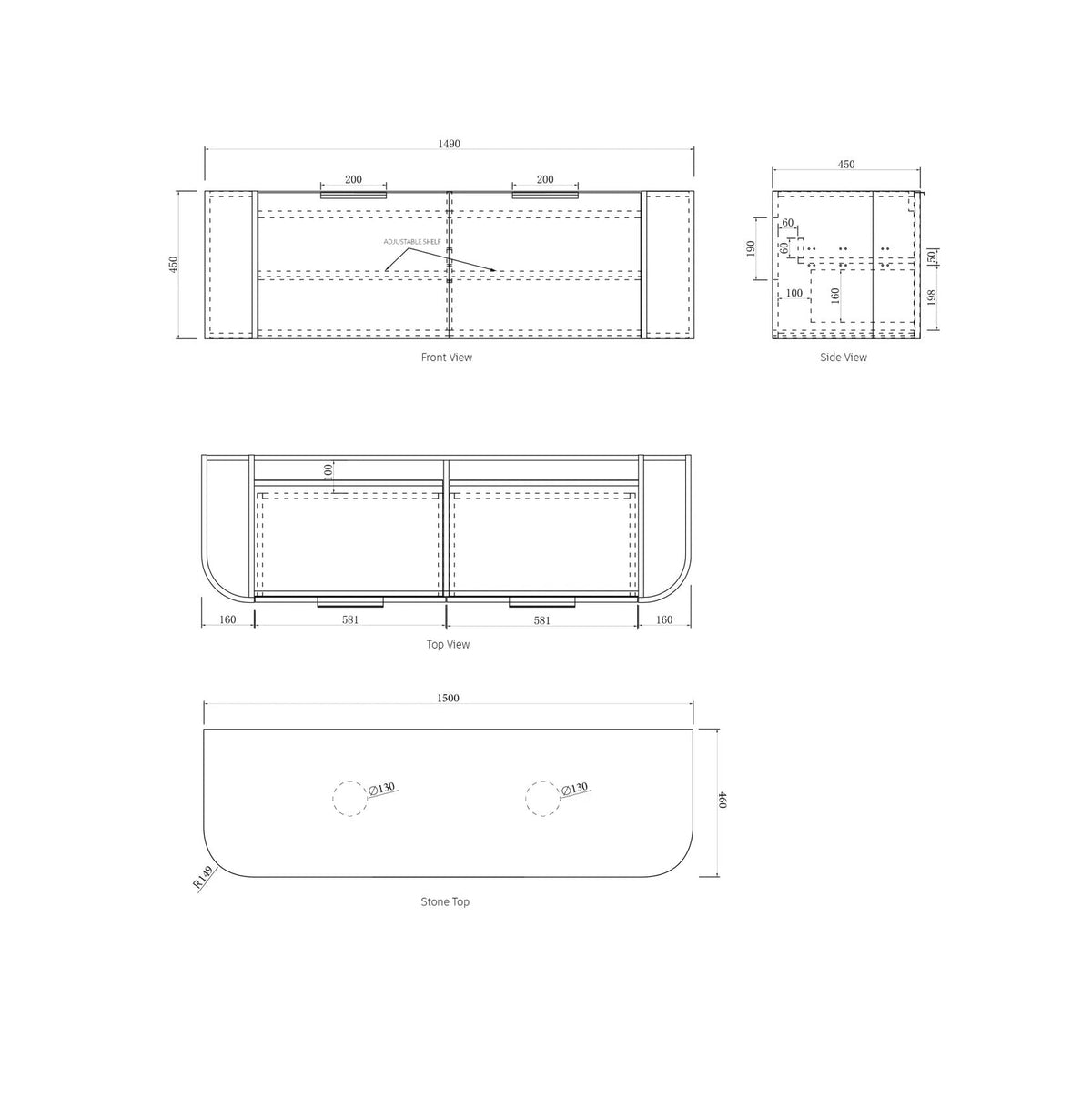 OTTI BONDI BLACK OAK 1200MM CURVE WALL HUNG VANITY