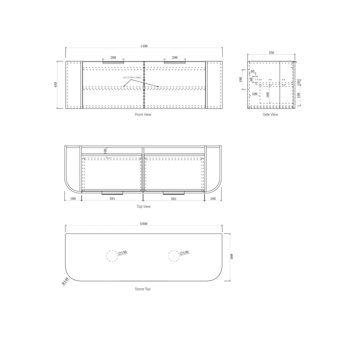 OTTI BONDI BLACK OAK 1500MM CURVE DOUBLE BOWL WALL HUNG VANITY