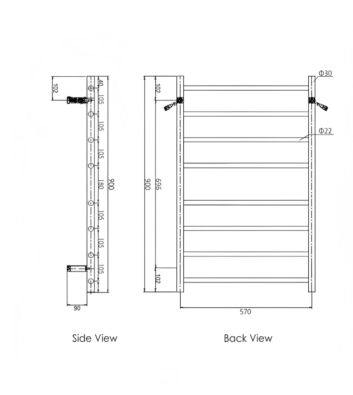 INSPIRE HEATED TOWEL RAIL 8 BAR ROUND CHROME