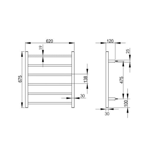 INSPIRE HEATED TOWEL RAIL 6 BARS SQUARE CHROME