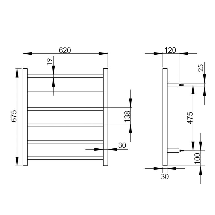 INSPIRE HEATED TOWEL RAIL 6 BAR SQUARE GUN METAL