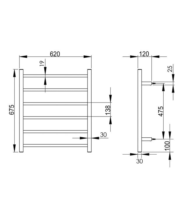 INSPIRE HEATED TOWEL RAIL 6 BAR SQUARE BRUSHED GOLD