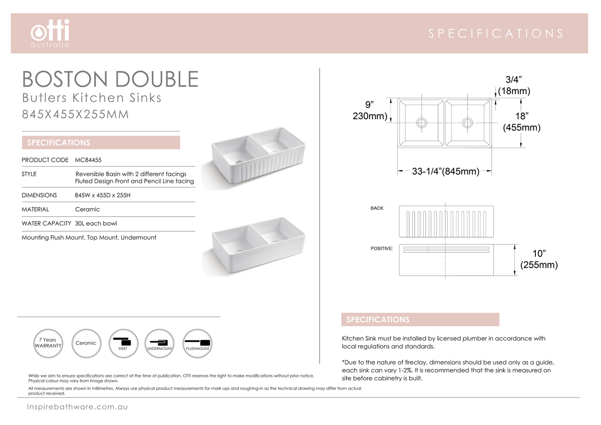 OTTI BOSTON BUTLER SINK 845MM