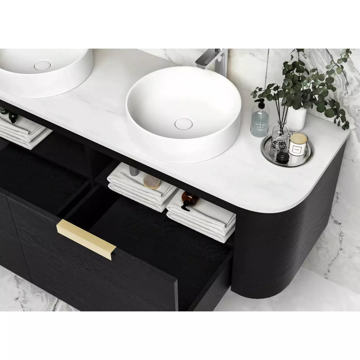 OTTI BONDI BLACK OAK 1500MM CURVE DOUBLE BOWL WALL HUNG VANITY