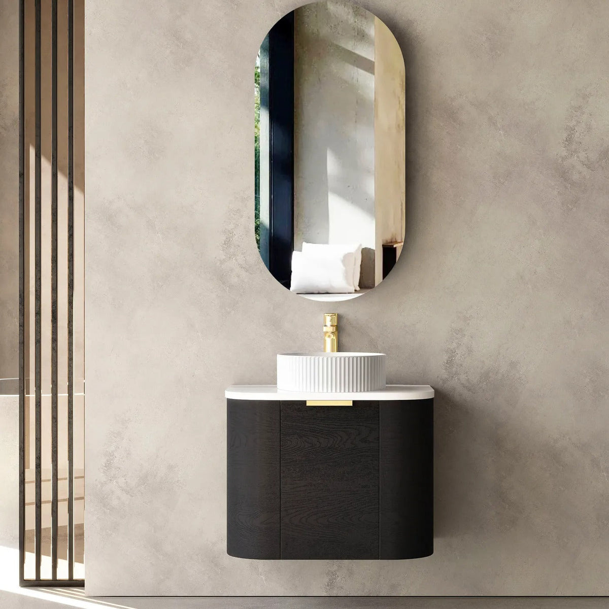 OTTI BONDI BLACK OAK 600MM CURVE WALL HUNG VANITY