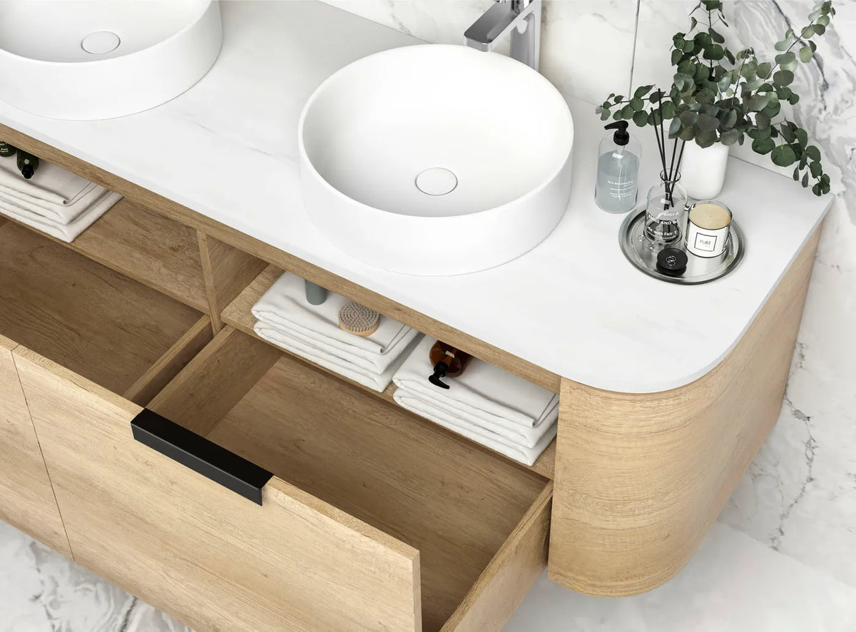 OTTI BONDI NATURAL OAK 1500MM CURVE DOUBLE BOWL WALL HUNG VANITY