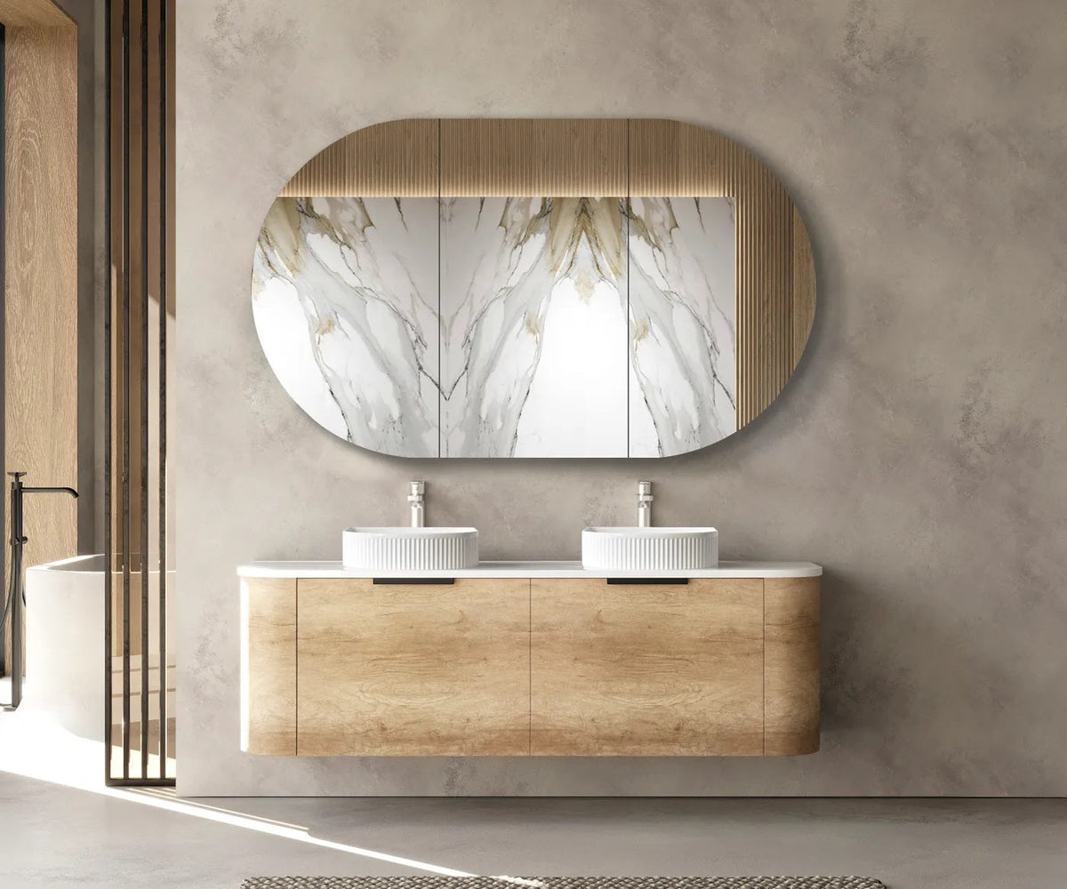 OTTI BONDI NATURAL OAK 1500MM CURVE DOUBLE BOWL WALL HUNG VANITY