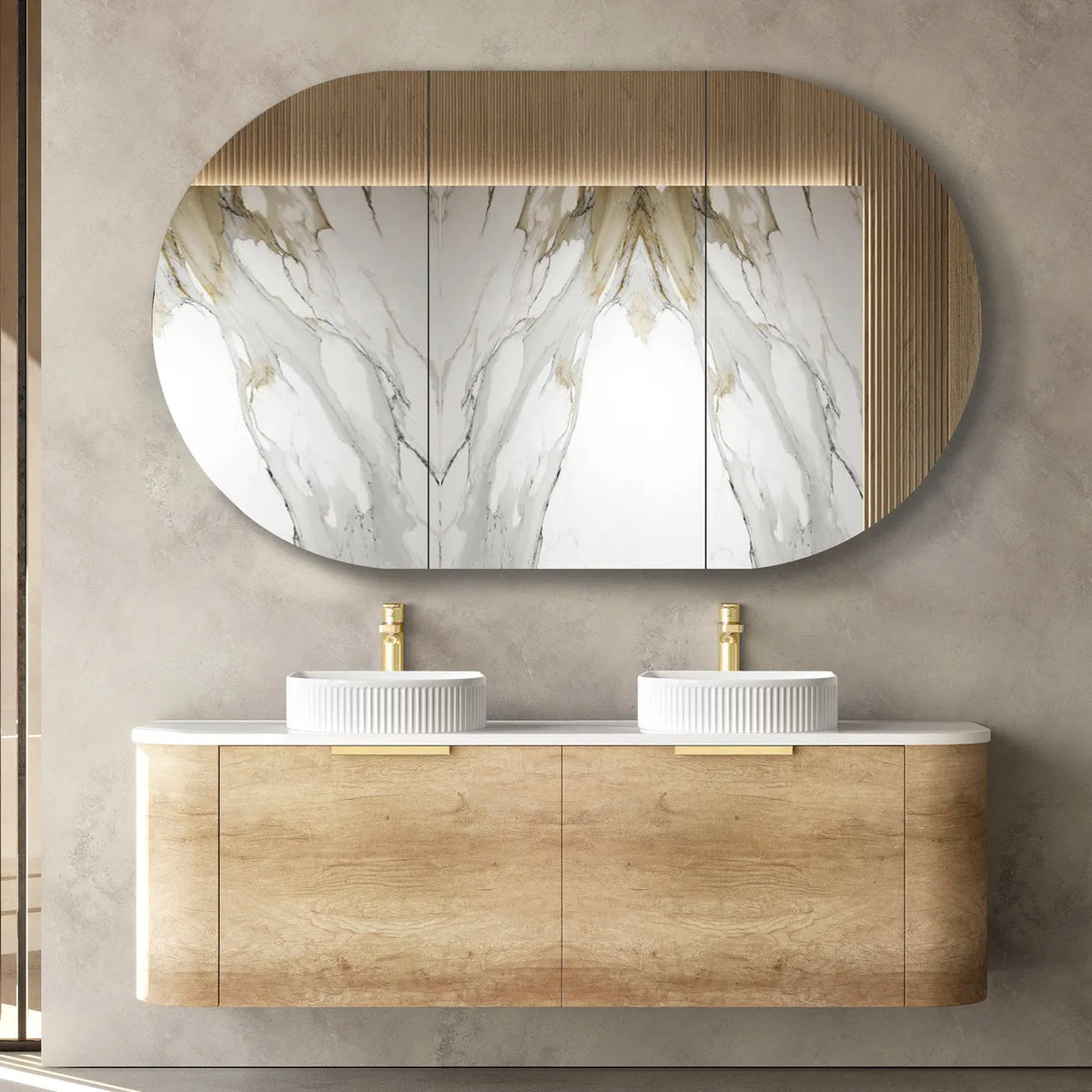 OTTI BONDI NATURAL OAK 1500MM CURVE DOUBLE BOWL WALL HUNG VANITY