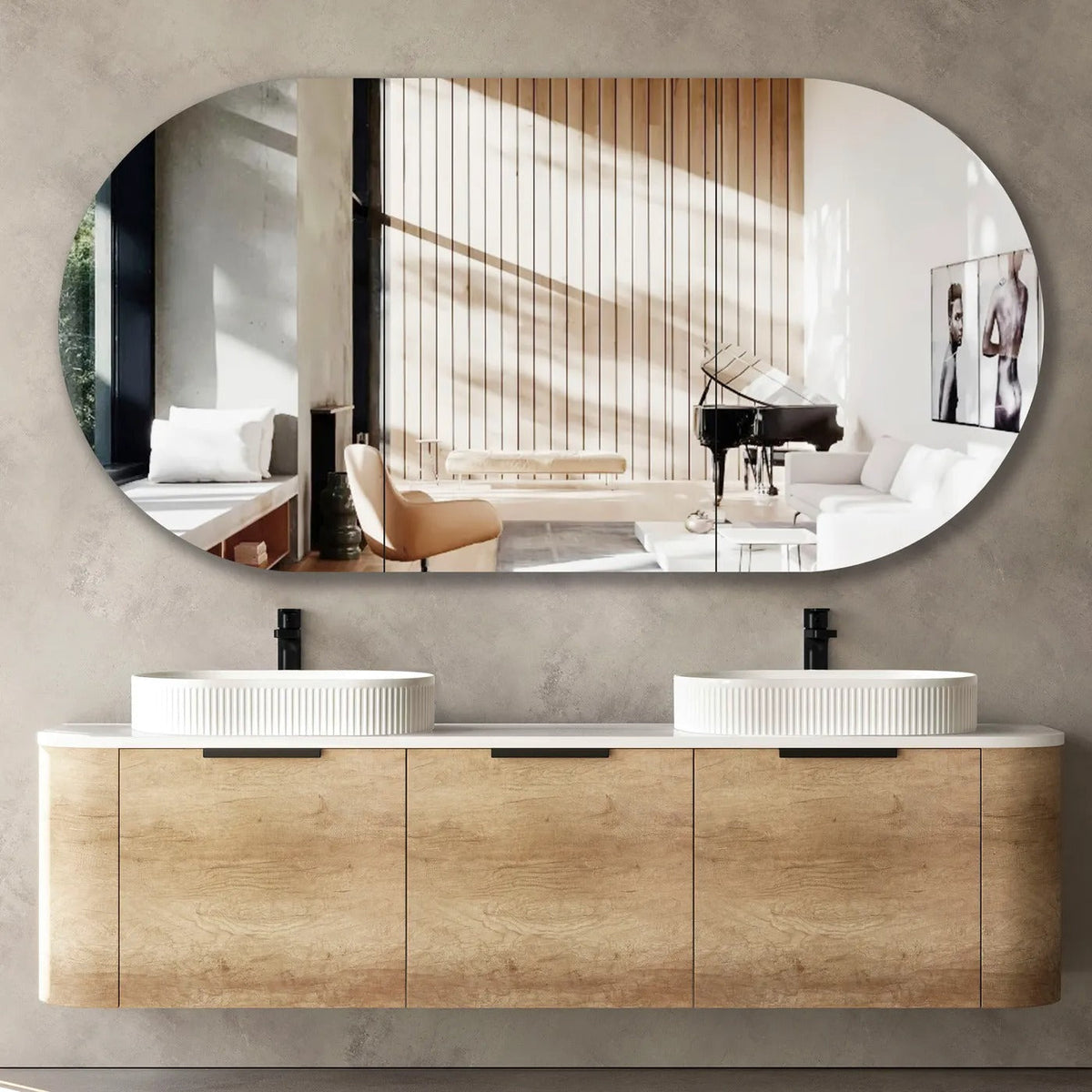 OTTI BONDI NATURAL OAK 1800MM CURVE DOUBLE BOWL WALL HUNG VANITY