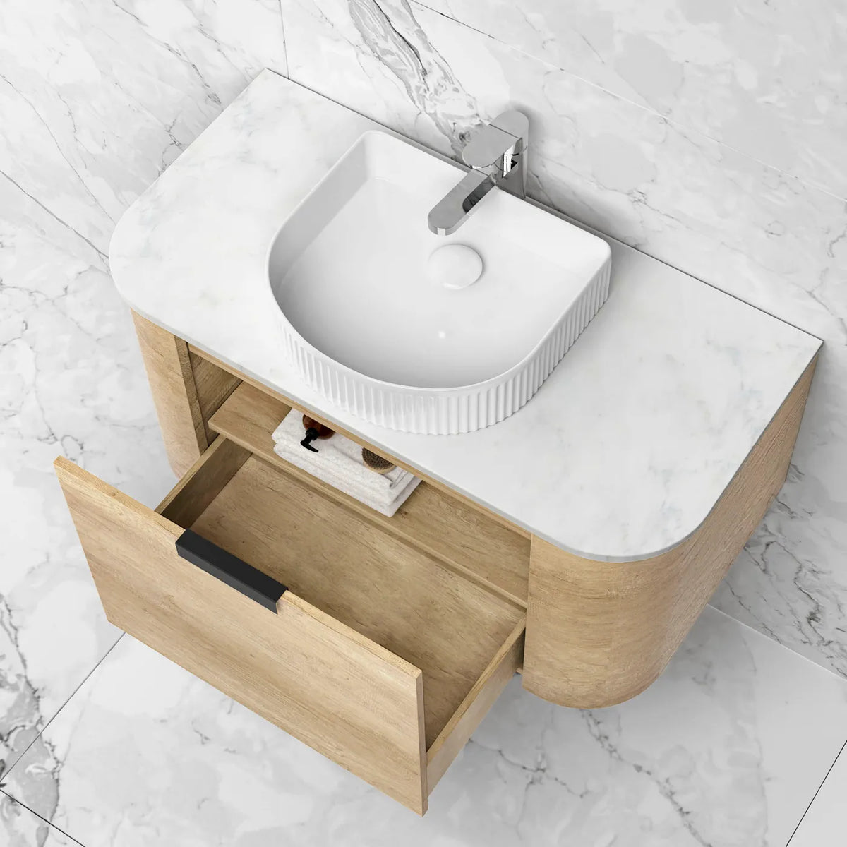 OTTI BONDI NATURAL OAK 900MM CURVE WALL HUNG VANITY