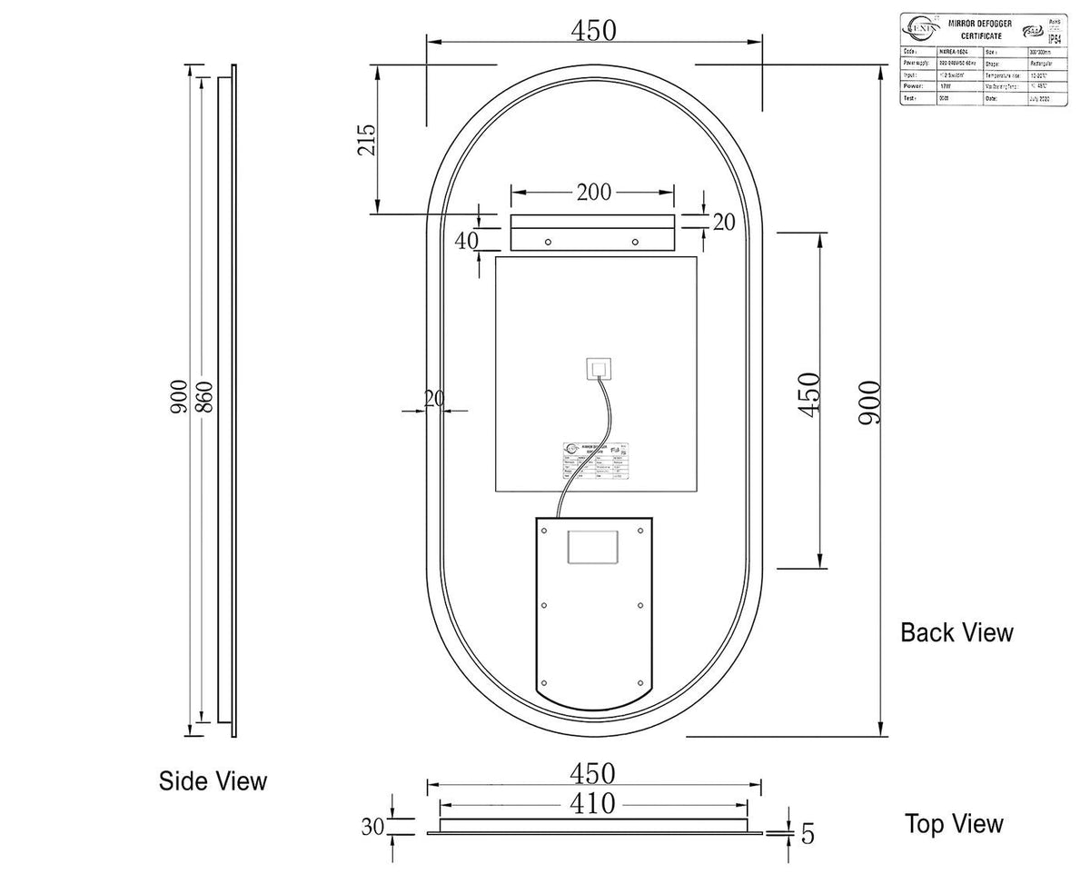 OTTI NOOSA LED OVAL TUFFI GLASS MIRROR ANTI FOG WITH SENSOR 450X900MM